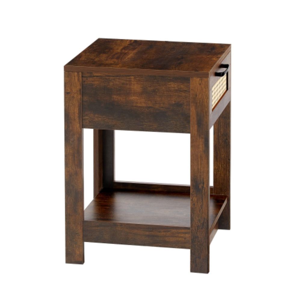15.75 Inch Rustic Brown Rattan End Table with Drawer
