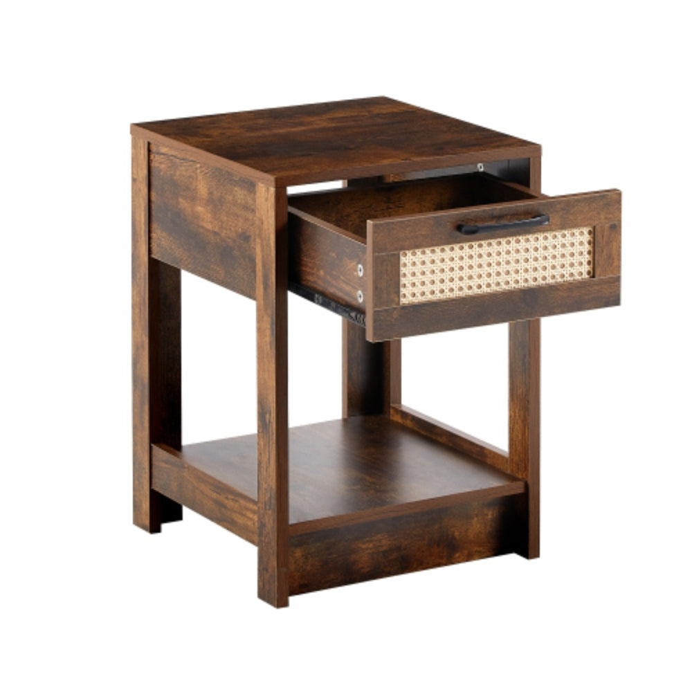 15.75 Inch Rustic Brown Rattan End Table with Drawer