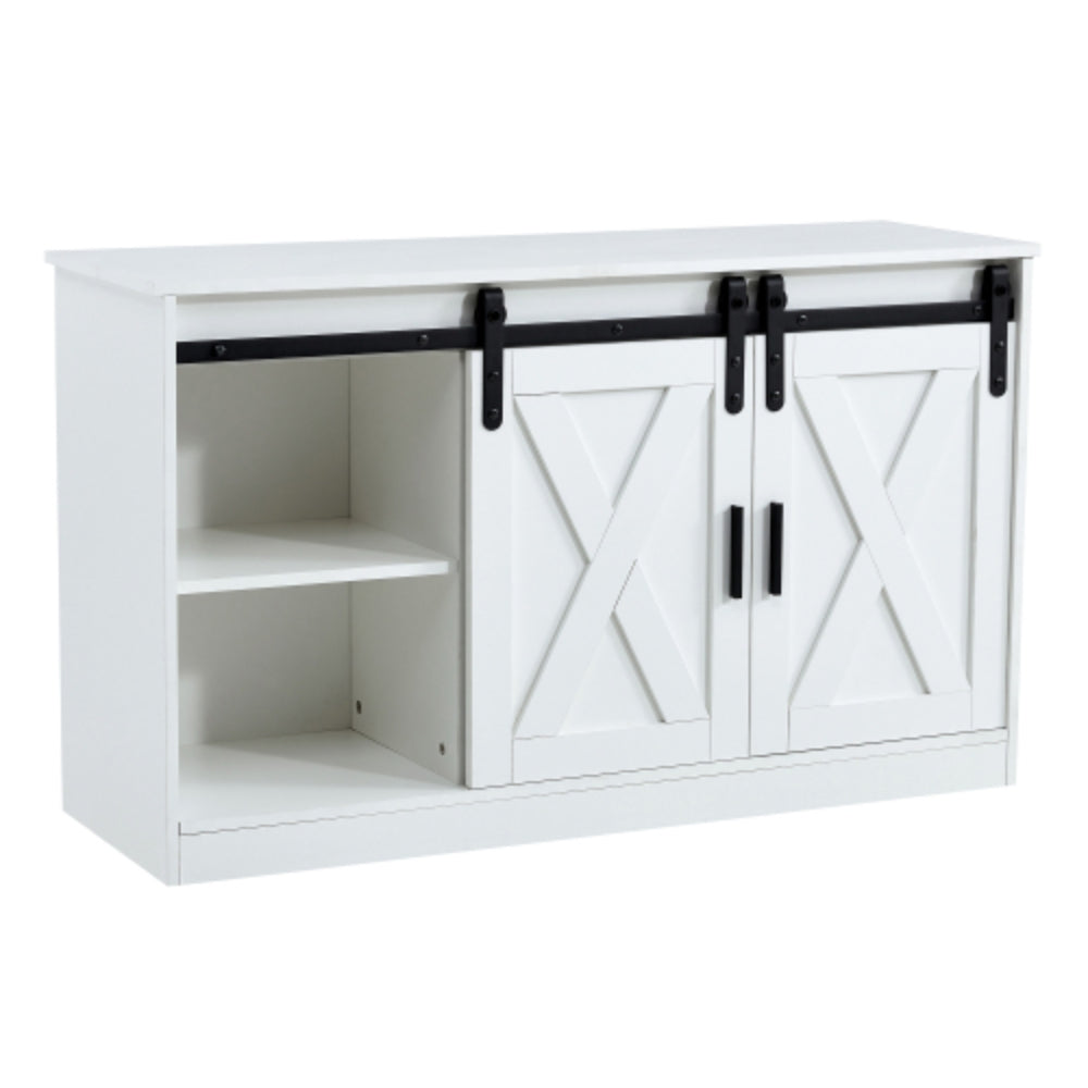 Modern White Wooden TV Storage Cabinet with Sliding Barn Doors