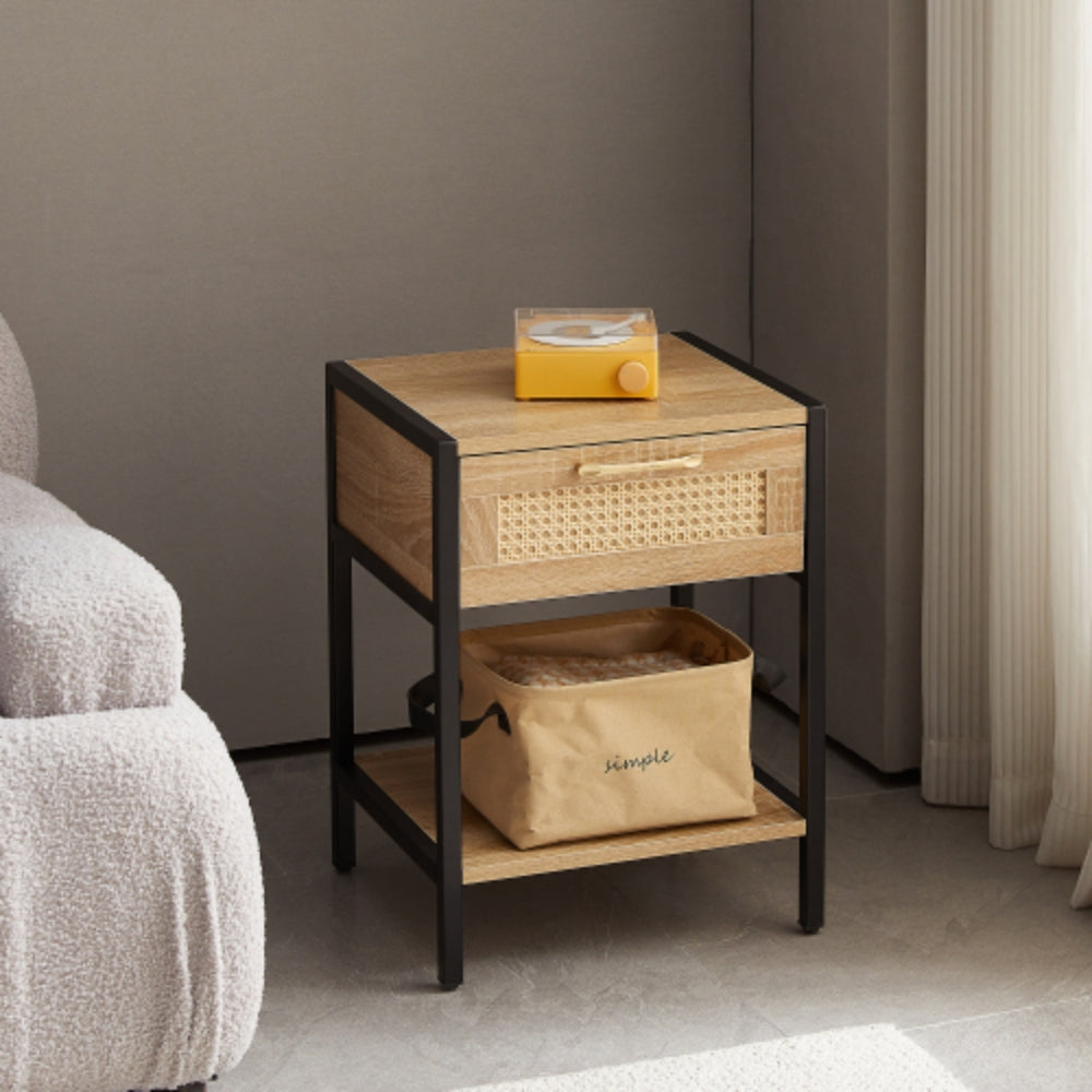 15.74 Inch Rattan End Table with Drawer in Natural Finish