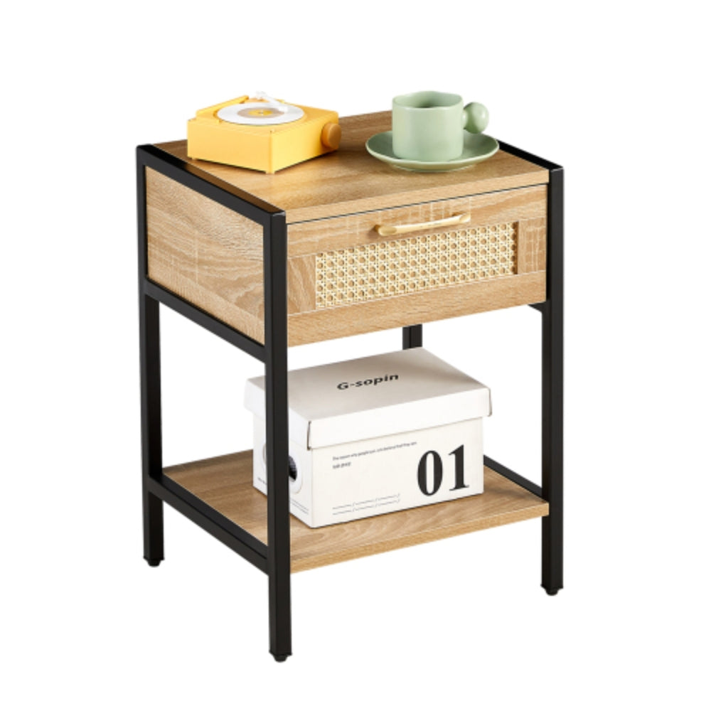 15.74 Inch Rattan End Table with Drawer in Natural Finish
