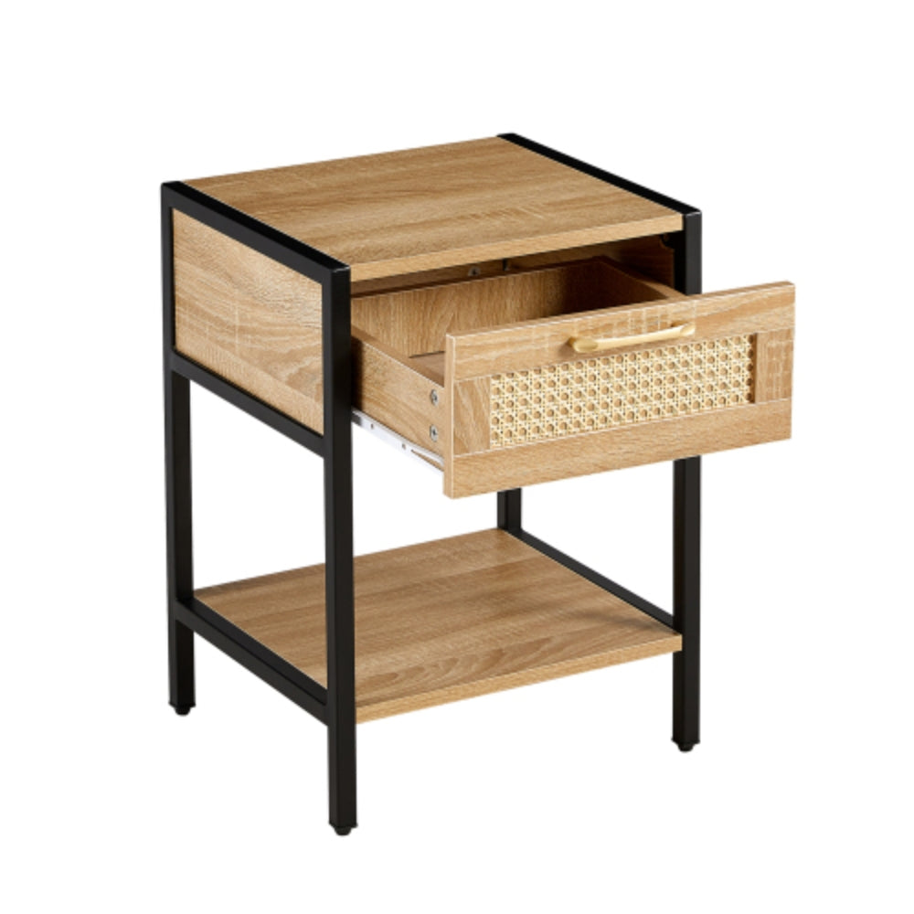 15.74 Inch Rattan End Table with Drawer in Natural Finish