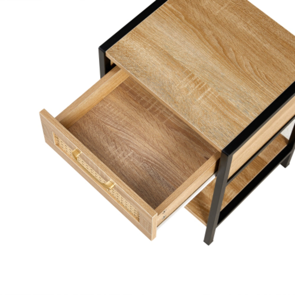 15.74 Inch Rattan End Table with Drawer in Natural Finish