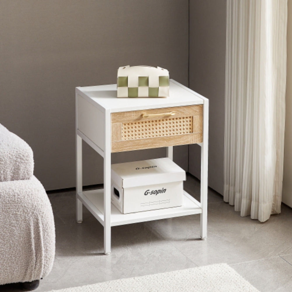 15.74 Inch Rattan End Table with Drawer in White Finish