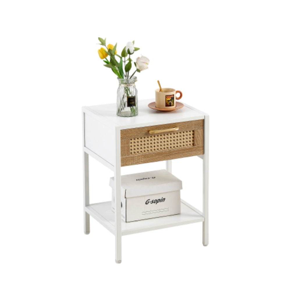 15.74 Inch Rattan End Table with Drawer in White Finish