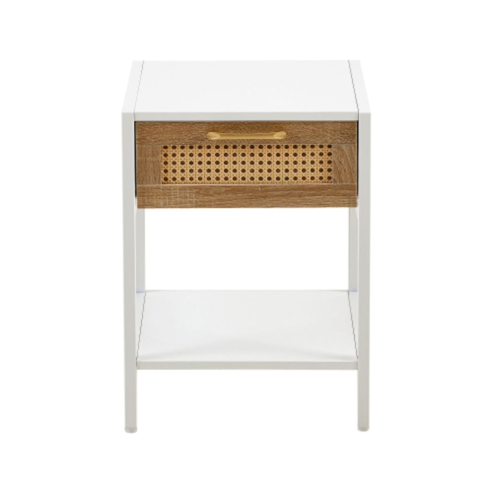 15.74 Inch Rattan End Table with Drawer in White Finish