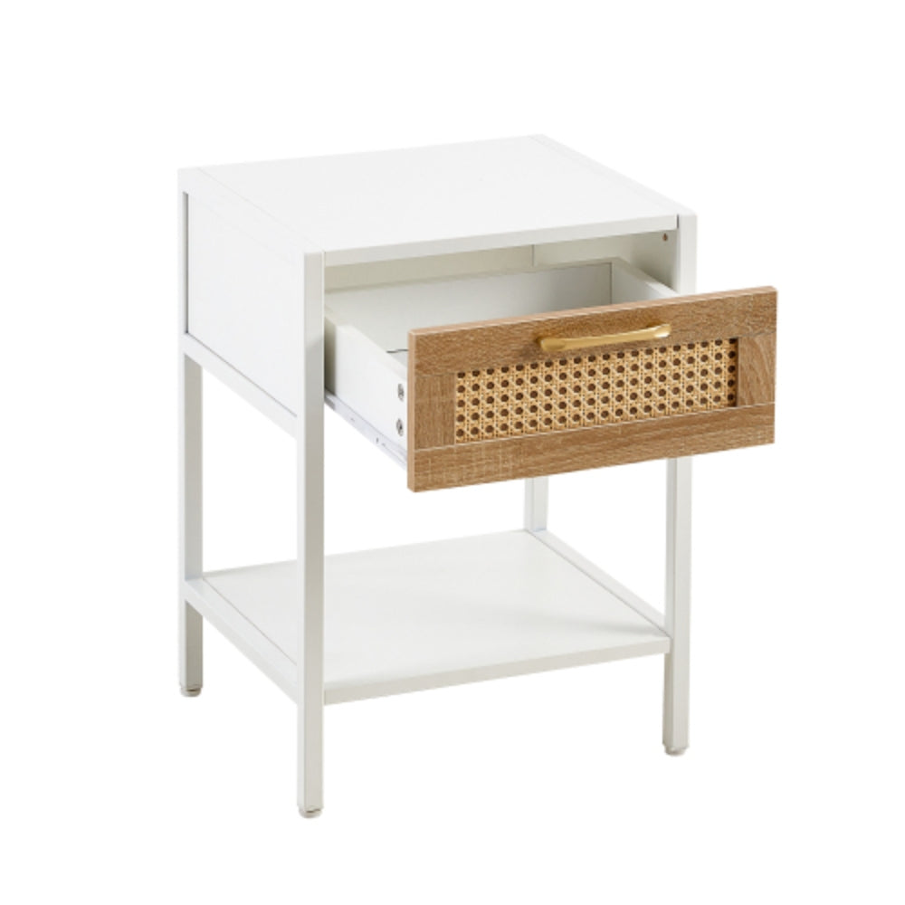 15.74 Inch Rattan End Table with Drawer in White Finish