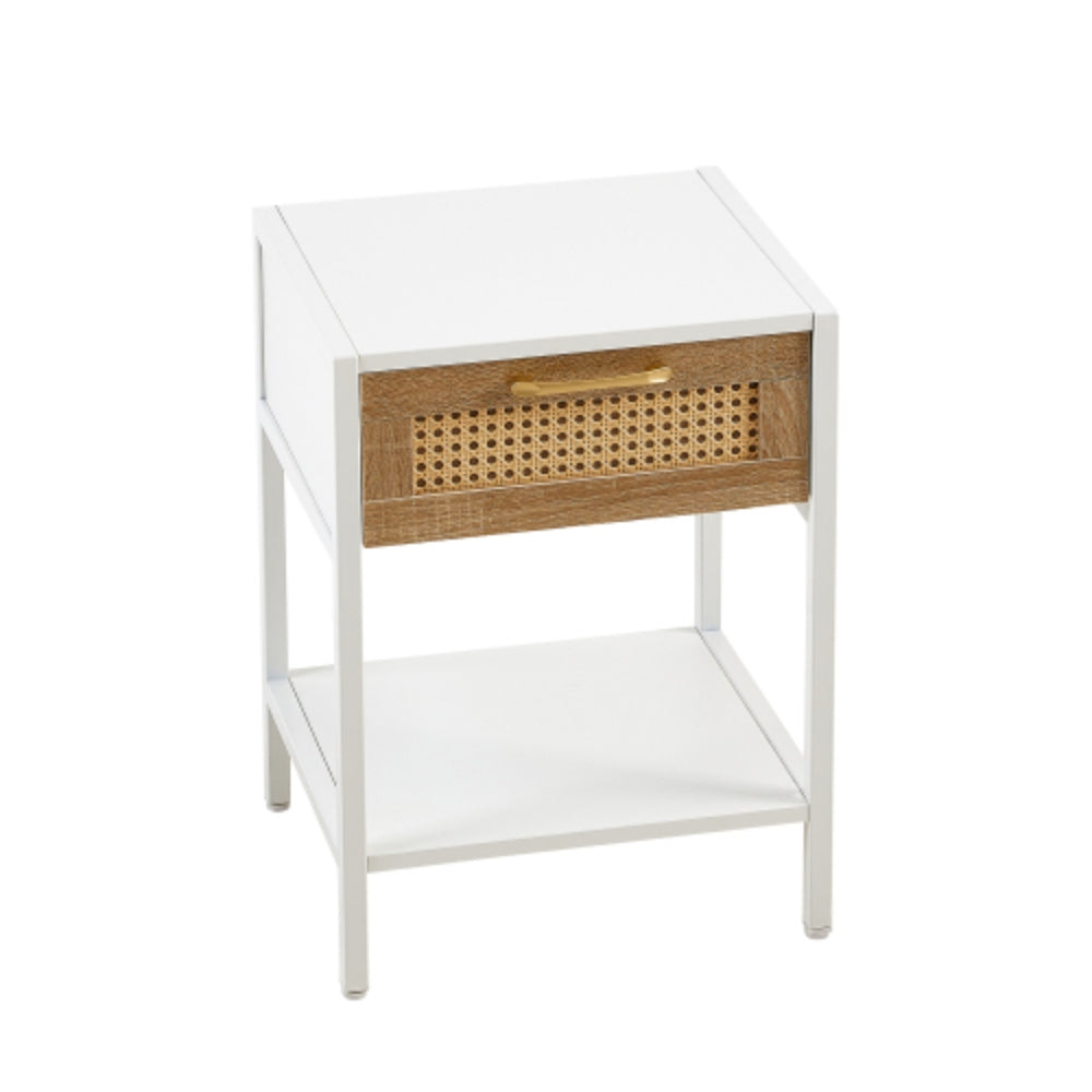 15.74 Inch Rattan End Table with Drawer in White Finish