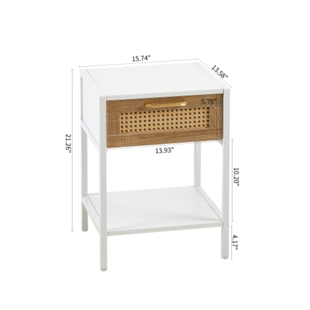 15.74 Inch Rattan End Table with Drawer in White Finish