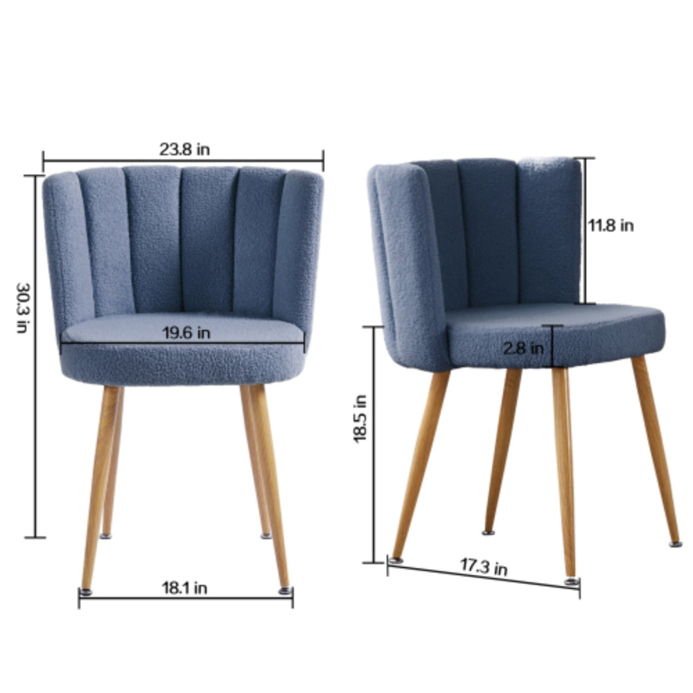 Set of 2 Modern Blue Dining Chairs with Iron Tube Wood Legs and Short Hair Cushions