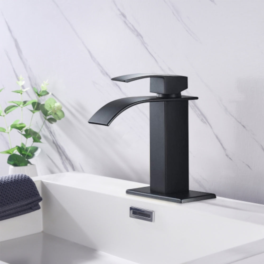 Modern Waterfall Spout Single Handle Bathroom Vanity Sink Faucet - Black