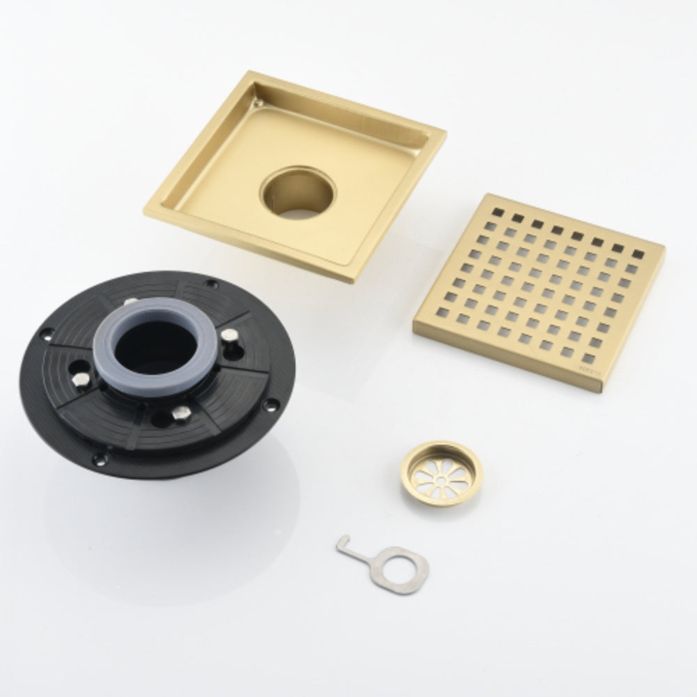 Modern 6-Inch Square Shower Floor Drain - Gold
