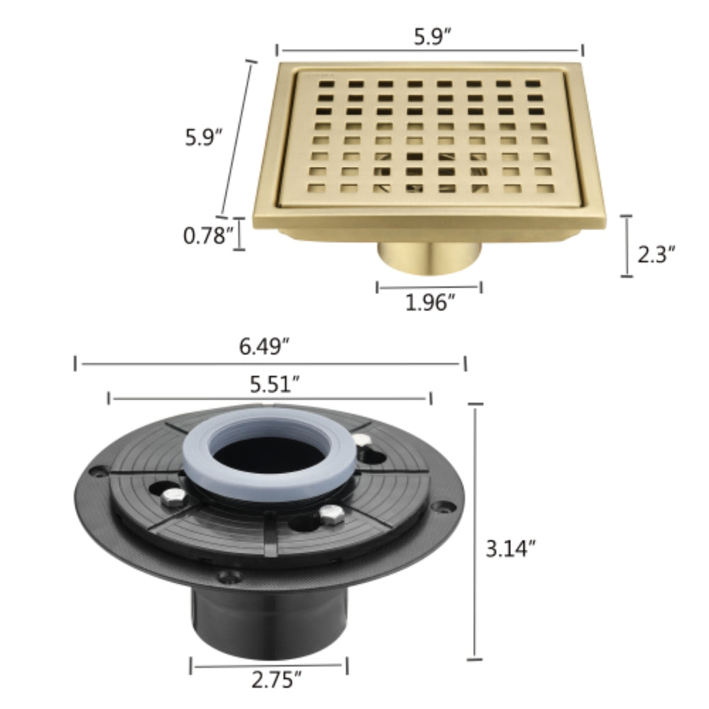 Modern 6-Inch Square Shower Floor Drain - Gold