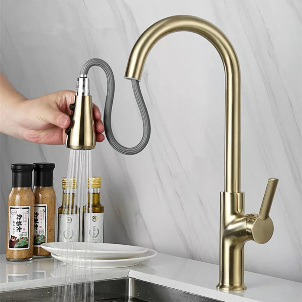 Convenient Kitchen Faucet with Pull-Out Spray Head - Gold