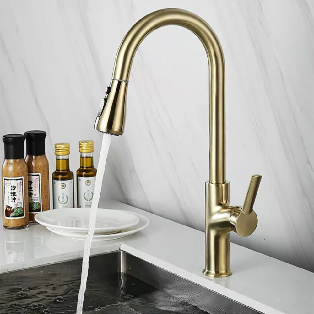 Convenient Kitchen Faucet with Pull-Out Spray Head - Gold
