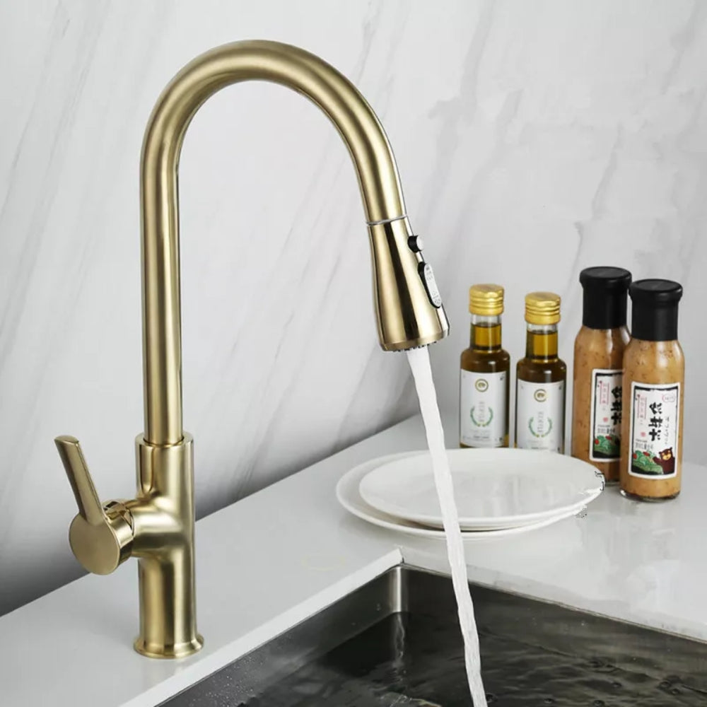 Convenient Kitchen Faucet with Pull-Out Spray Head - Gold