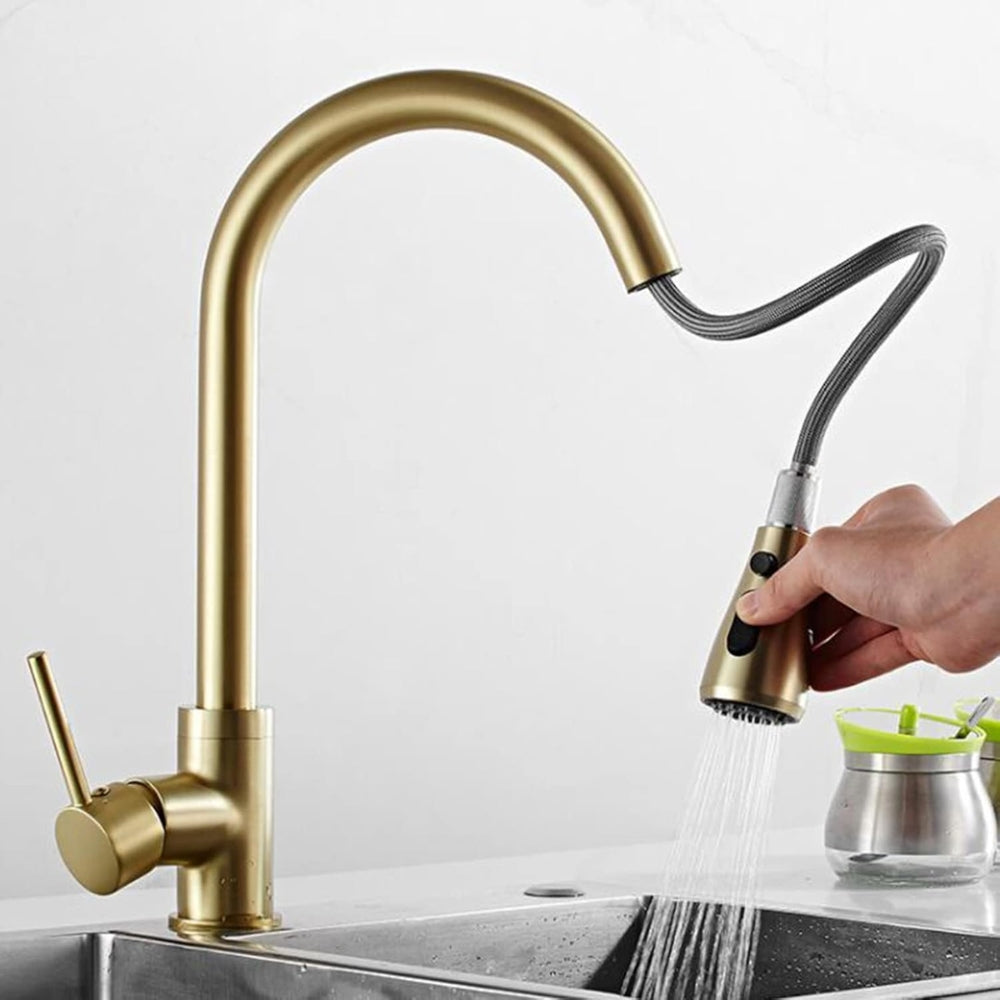 Convenient Kitchen Faucet with Pull-Out Spray Head - Gold