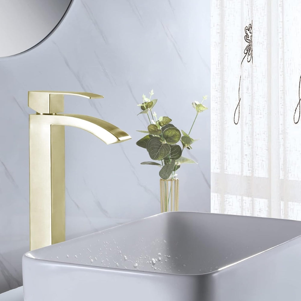 Waterfall Spout Bathroom Faucet Single Handle Bathroom Vanity Sink Faucet - Light Gold