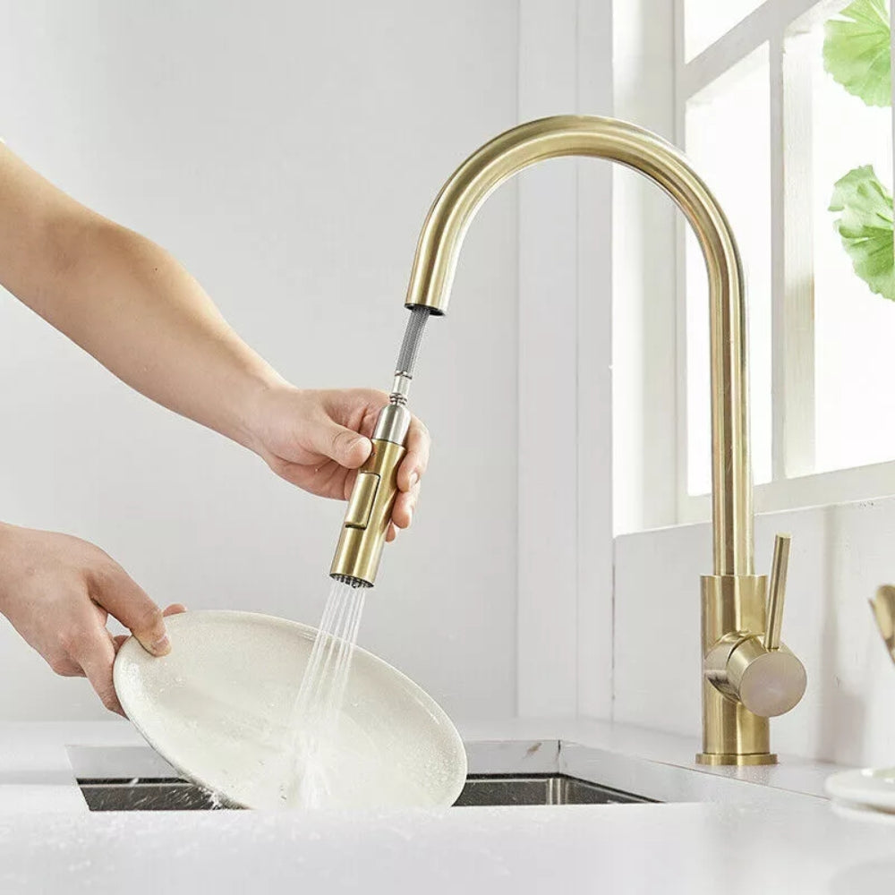 Convenient Kitchen Faucet with Pull-Down Sprayer - Gold