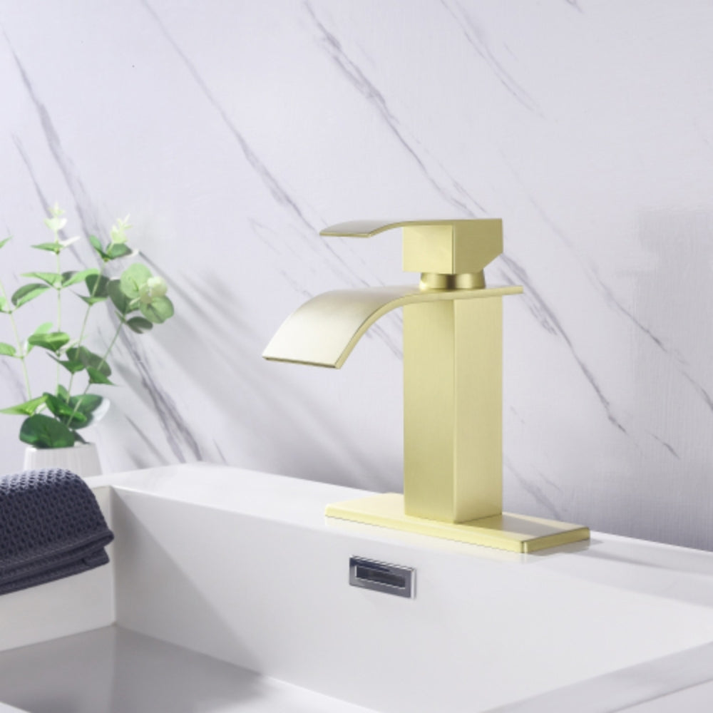Elegant Waterfall Spout Single Handle Bathroom Vanity Sink Faucet - Gold