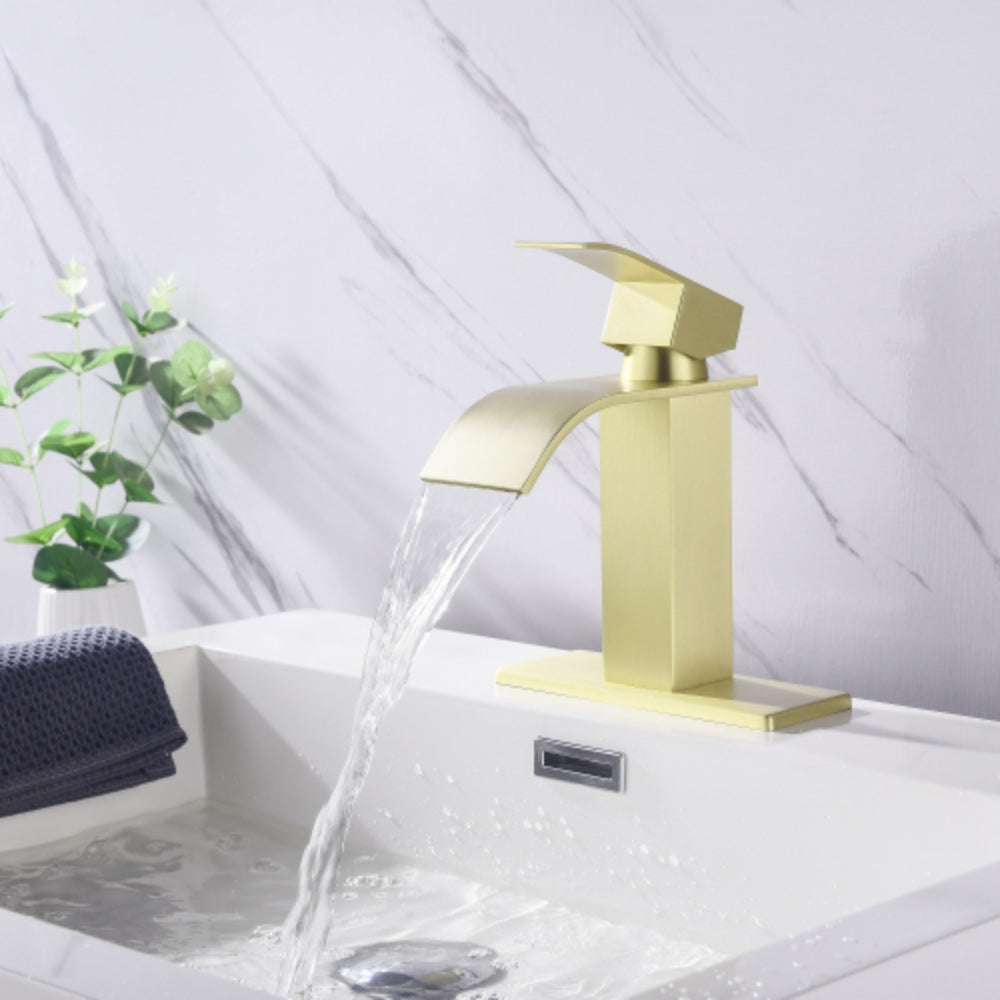 Elegant Waterfall Spout Single Handle Bathroom Vanity Sink Faucet - Gold