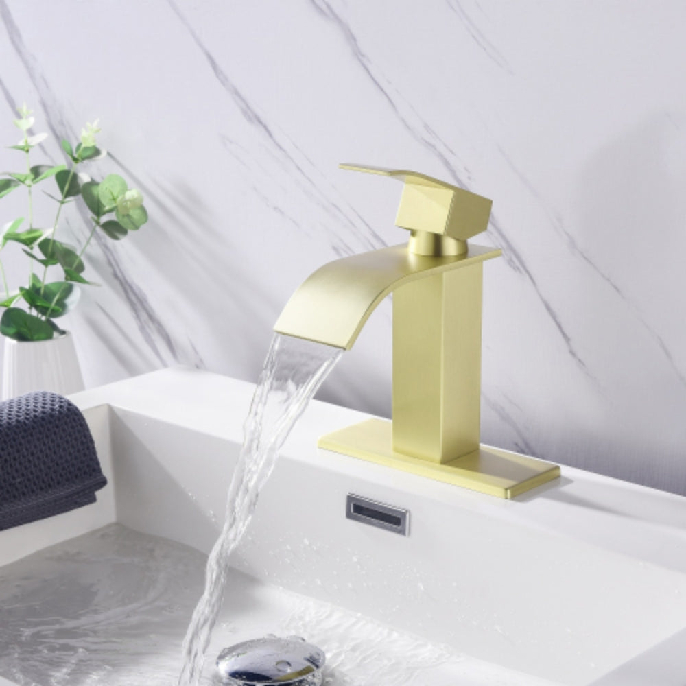 Elegant Waterfall Spout Single Handle Bathroom Vanity Sink Faucet - Gold
