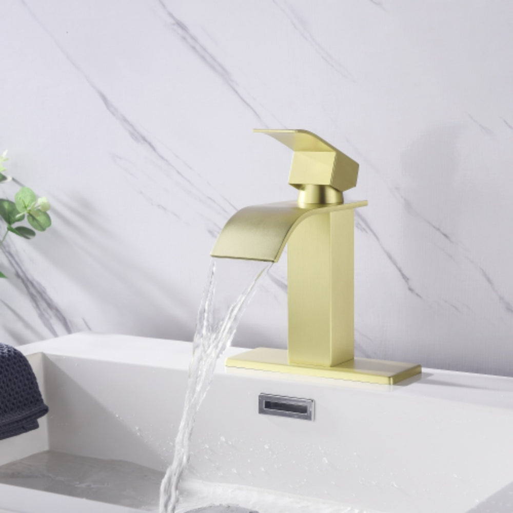 Elegant Waterfall Spout Single Handle Bathroom Vanity Sink Faucet - Gold