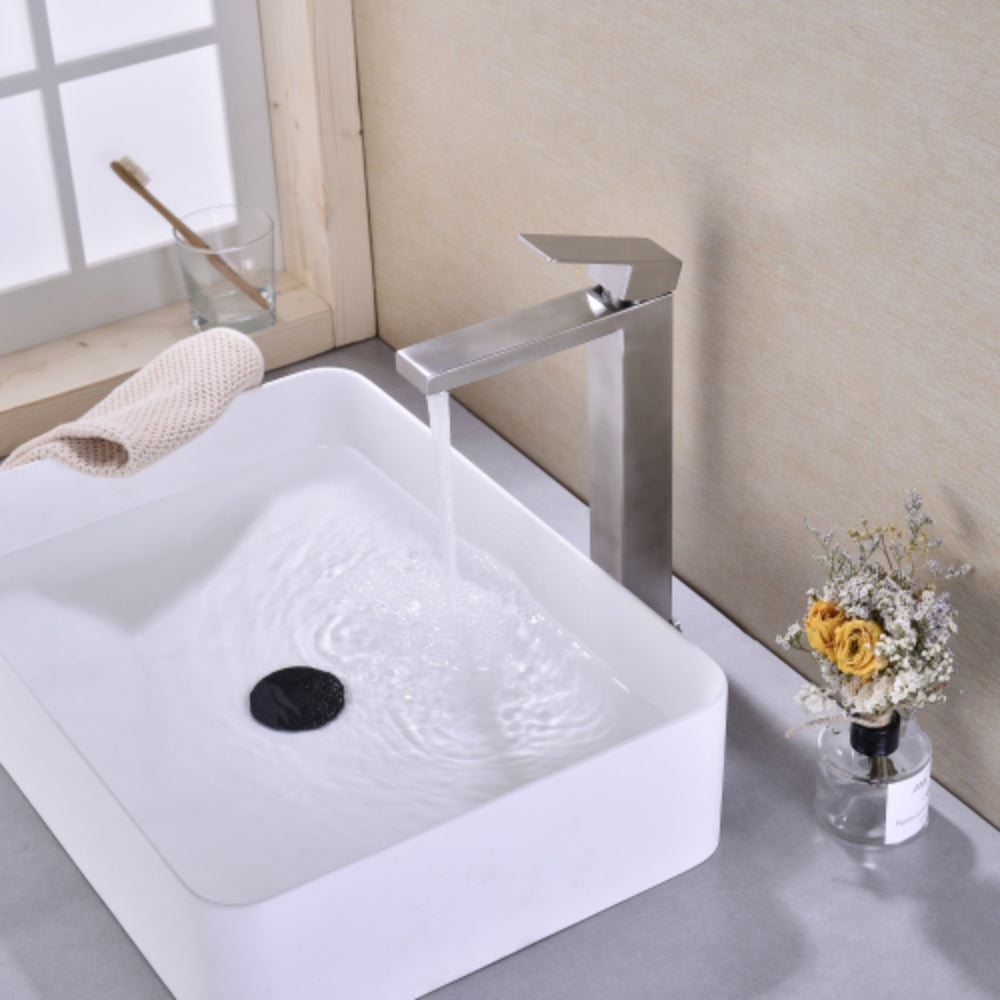 Sleek Brushed Nickel Single Handle Vanity Bathroom Faucet - Silver