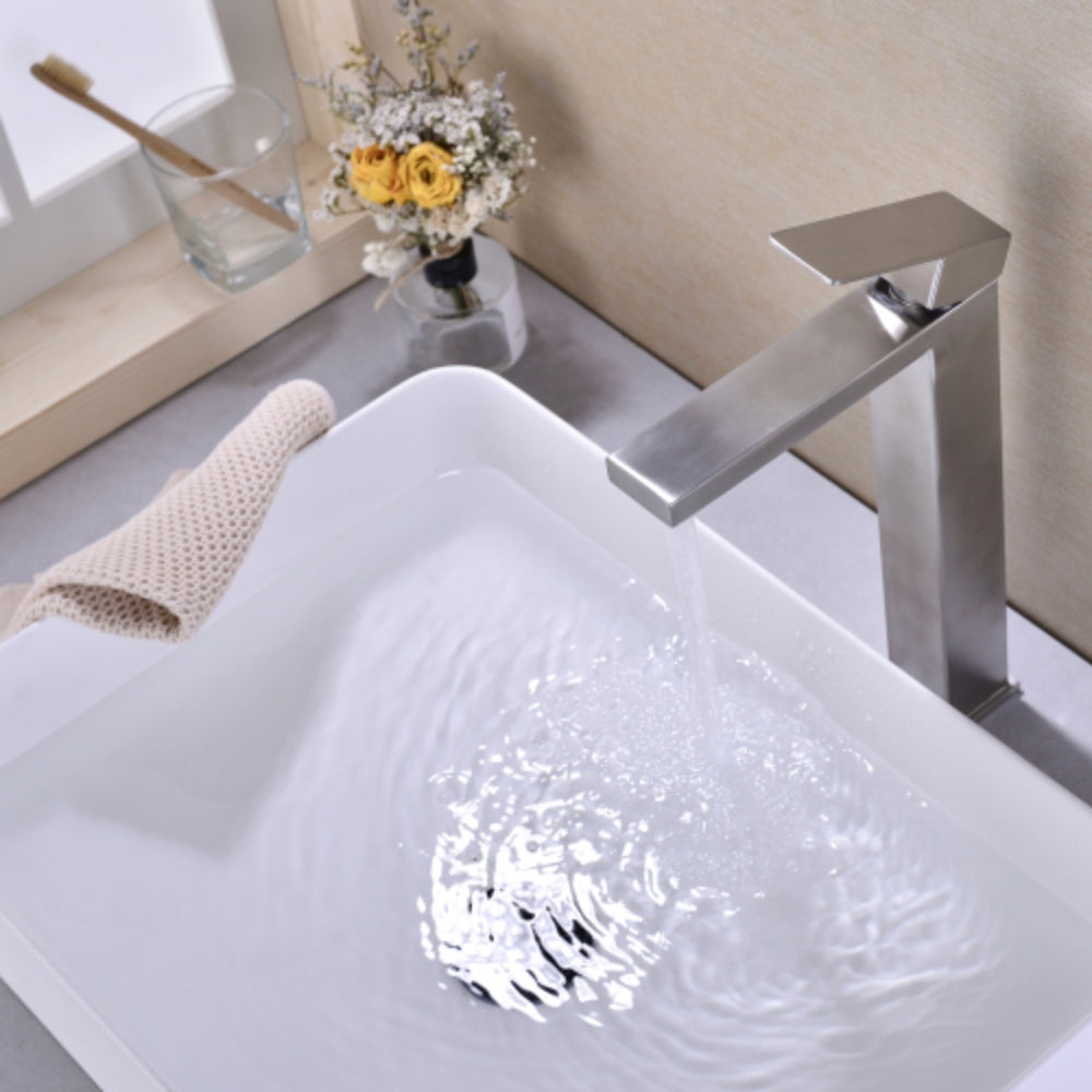 Sleek Brushed Nickel Single Handle Vanity Bathroom Faucet - Silver