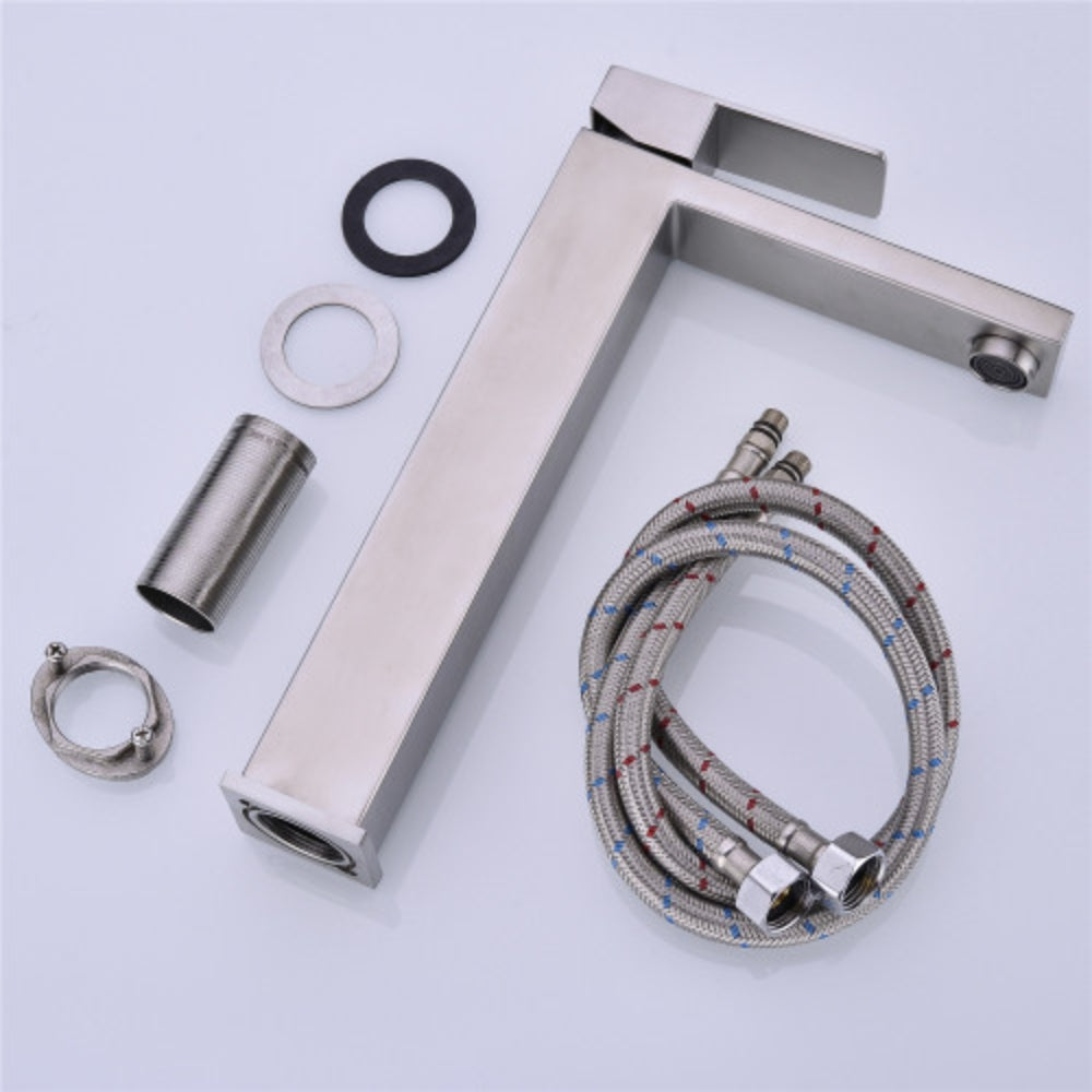 Sleek Brushed Nickel Single Handle Vanity Bathroom Faucet - Silver