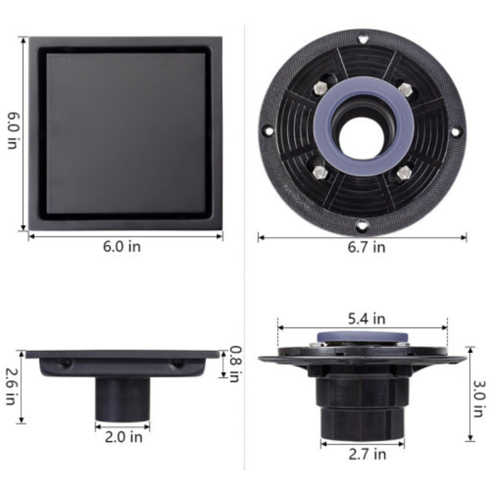 Matte Black 6-Inch Square Shower Floor Drain