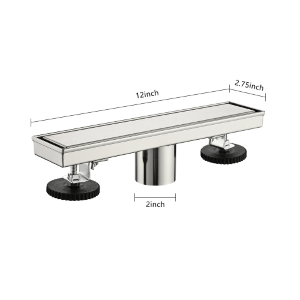 Sleek 12-Inch Brushed Nickel Linear Shower Drain with Removable Quadrato Pattern Grate