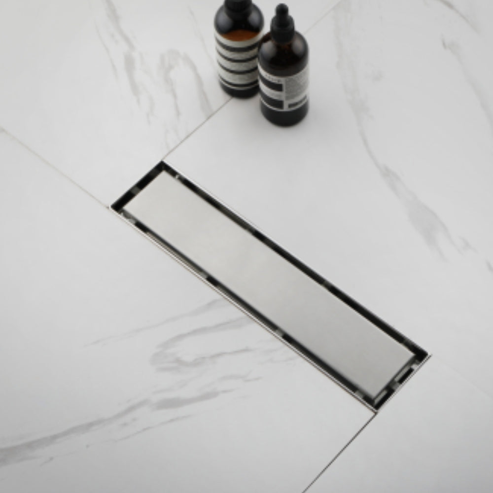 Sleek 12-Inch Brushed Nickel Linear Shower Drain with Removable Quadrato Pattern Grate