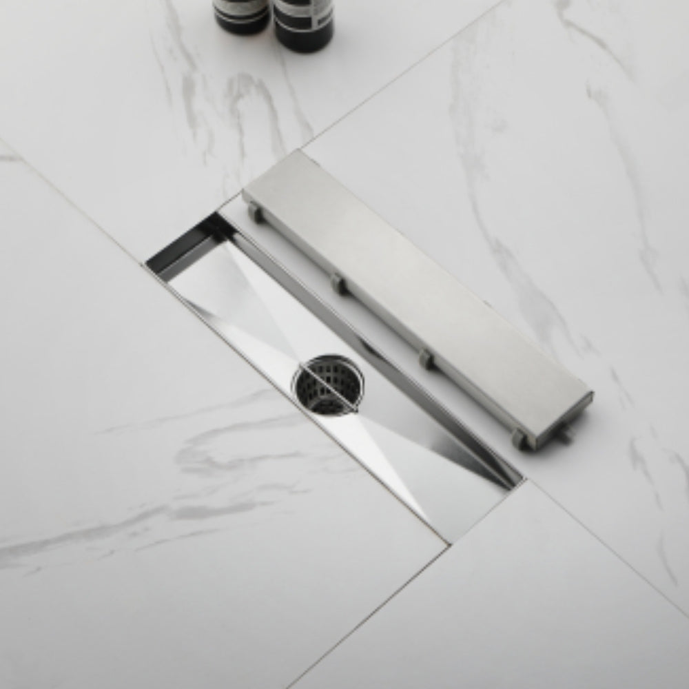 Sleek 12-Inch Brushed Nickel Linear Shower Drain with Removable Quadrato Pattern Grate