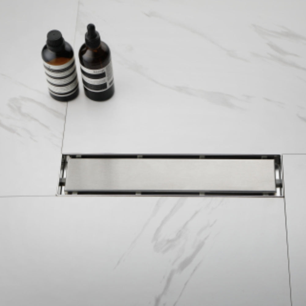 Sleek 12-Inch Brushed Nickel Linear Shower Drain with Removable Quadrato Pattern Grate