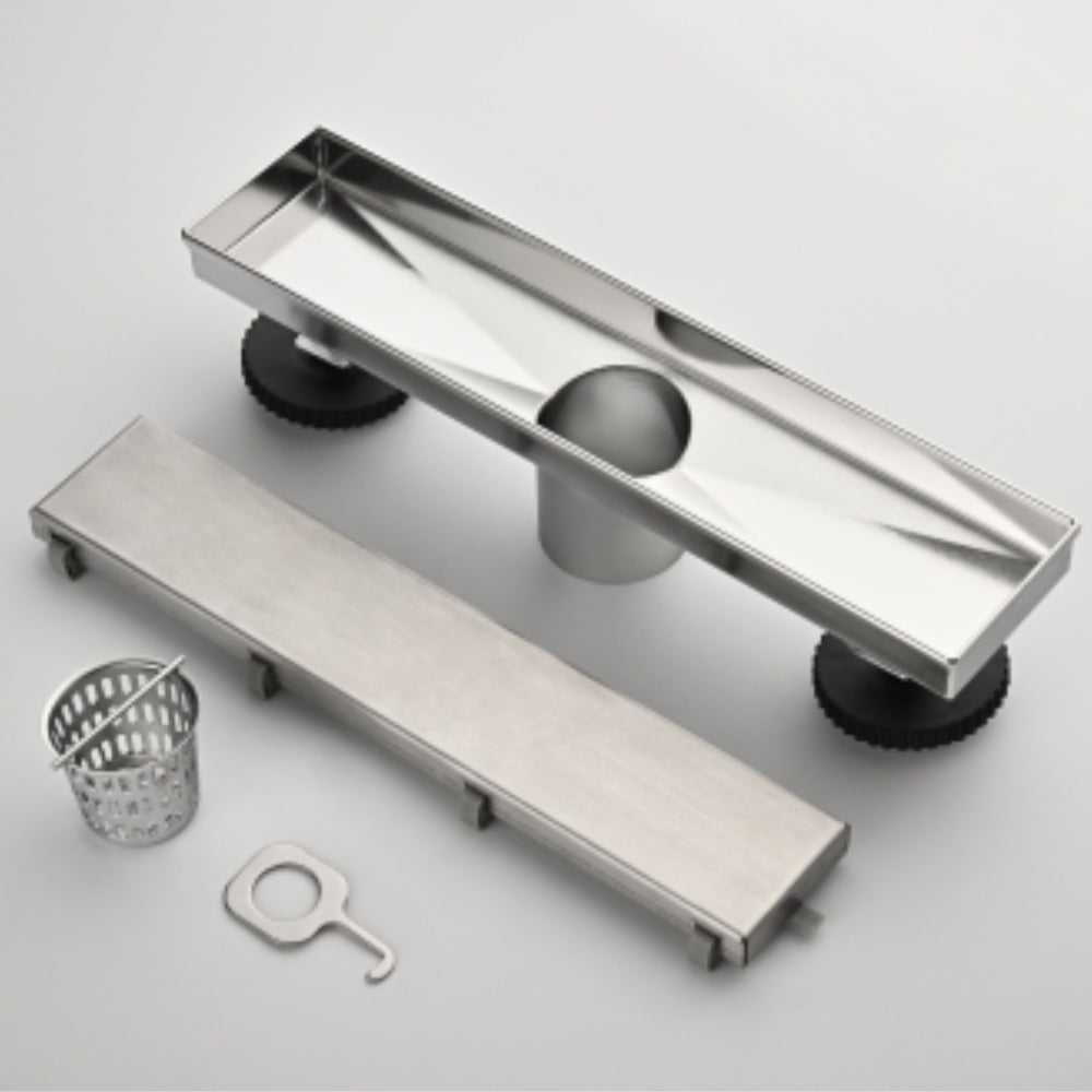 Sleek 12-Inch Brushed Nickel Linear Shower Drain with Removable Quadrato Pattern Grate