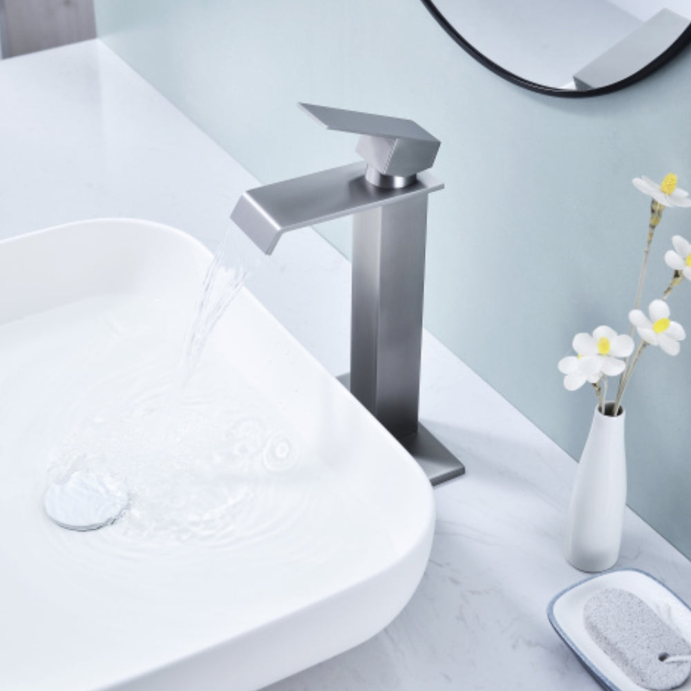 Brushed Nickel Handle Waterfall Spout Bathroom Faucet