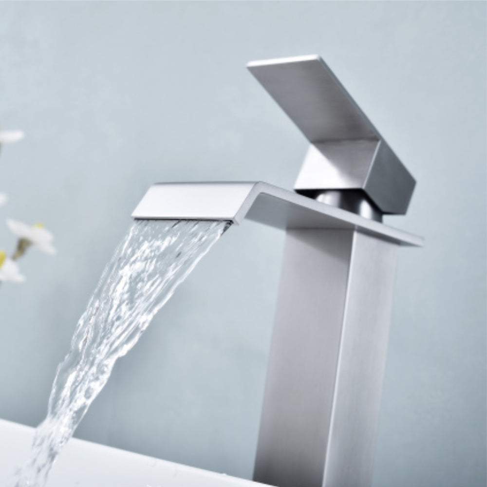 Brushed Nickel Handle Waterfall Spout Bathroom Faucet