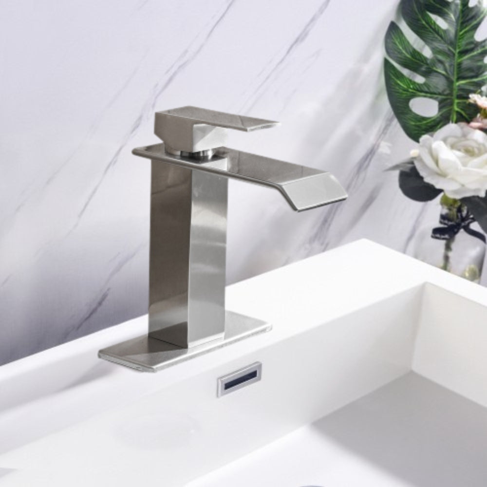 Brushed Nickel Handle Waterfall Spout Bathroom Faucet