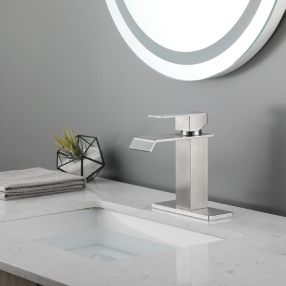 Brushed Nickel Handle Waterfall Spout Bathroom Faucet