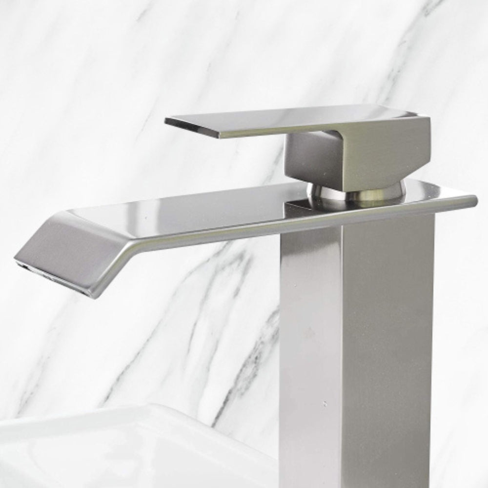 Brushed Nickel Handle Waterfall Spout Bathroom Faucet