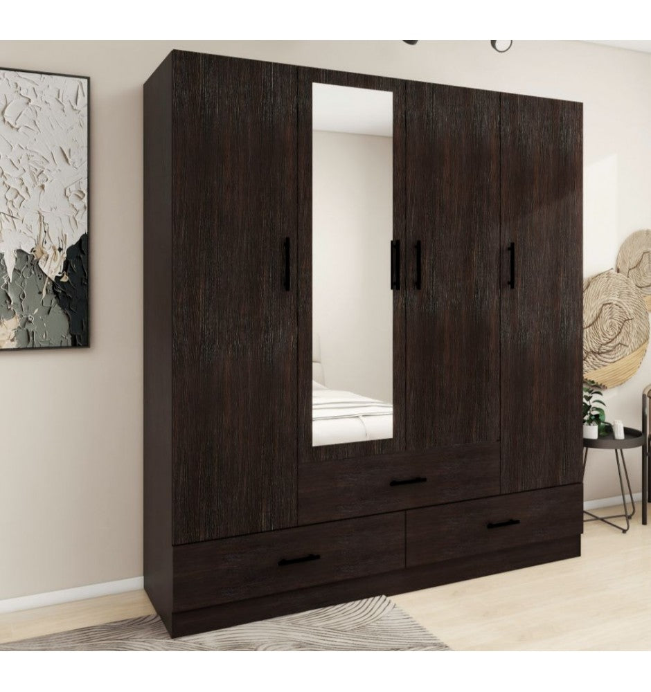 71 H Armoire Wardrobe Closet, Wardrobe Closet with 3 Drawers & Shelves, 4 Doors Bedroom Armoires with Mirror & Hanging Rod, Wooden Clothes Cabinet Closet for Bedroom 63 Wx20 Dx71 H