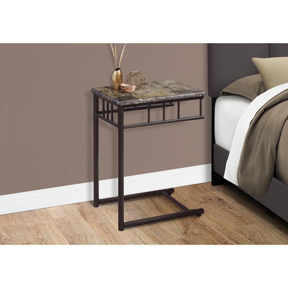 Accent Table, C-shaped, End, Side, Snack, Living Room, Bedroom, Brown Marble