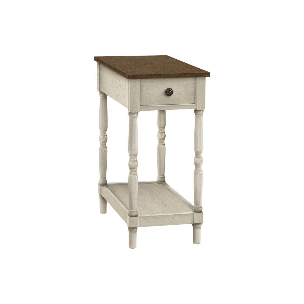 Accent Table, 2 Tier, Narrow, Lamp, Storage Drawer, Brown Veneer, White Veneer