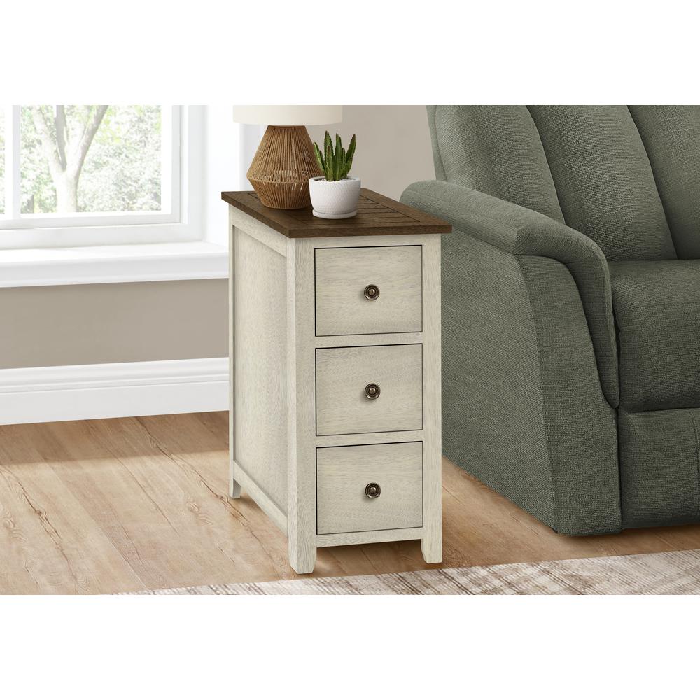 Accent Table, Narrow, Storage Drawer, Lamp, Brown Veneer, Antique White Veneer