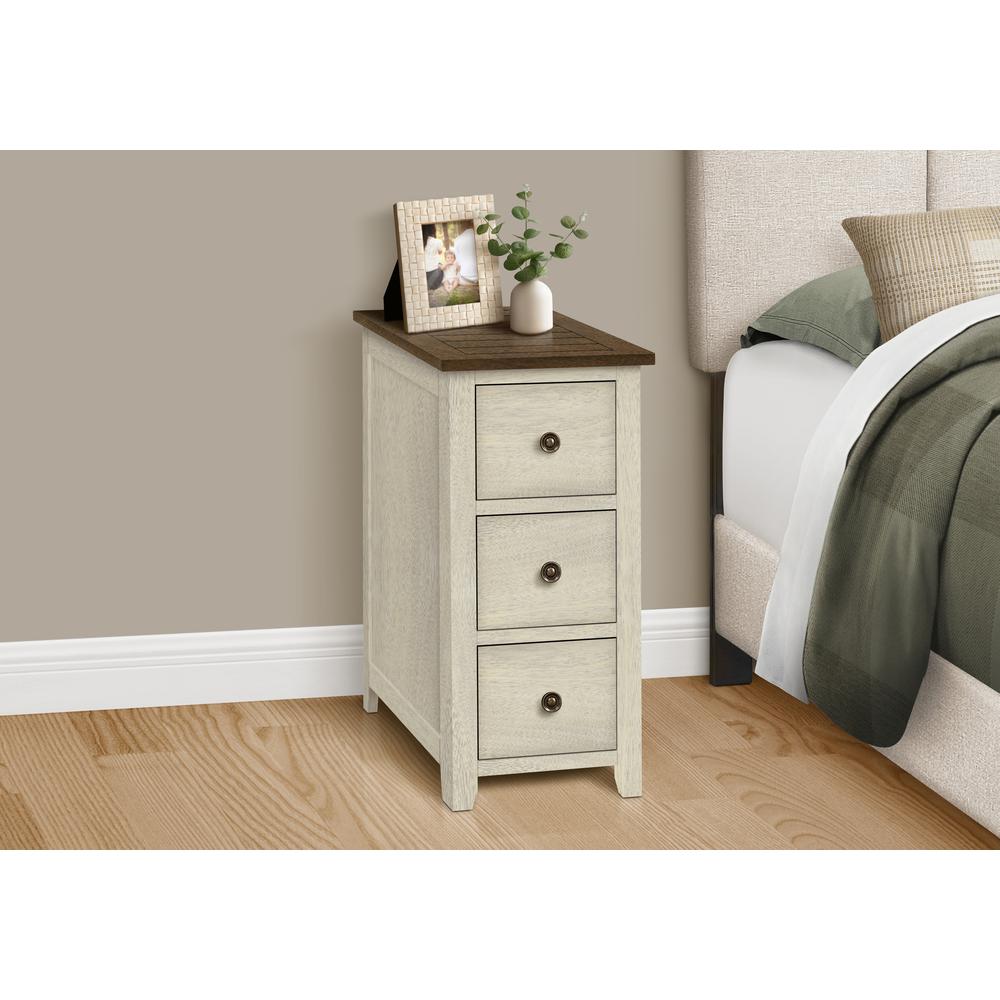 Accent Table, Narrow, Storage Drawer, Lamp, Brown Veneer, Antique White Veneer