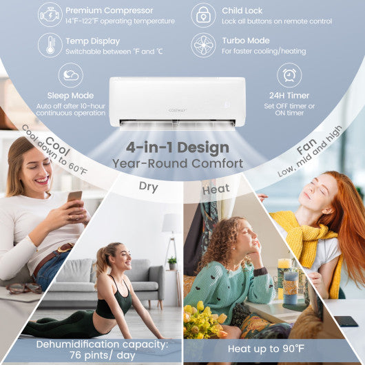 Energy Star Certified 22000 BTU 21 SEER2 Ductless Mini Split Air Conditioner and Heater 208-230V Works with Alexa
