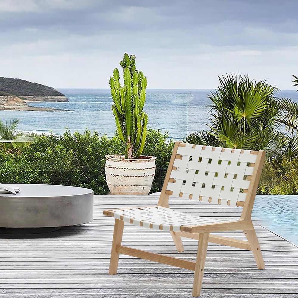 Natural Wood with White Leather Outdoor Patio Chair