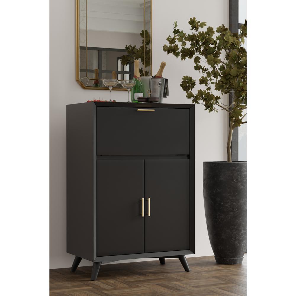 Flynn Large Bar Cabinet w/Drop Down Tray, Black