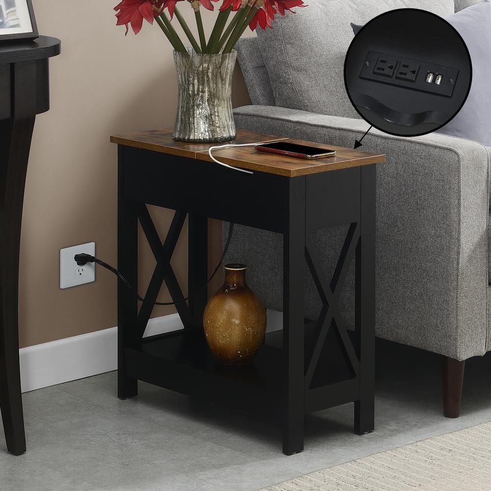 Oxford Flip Top End Table with Charging Station and Shelf, Brown